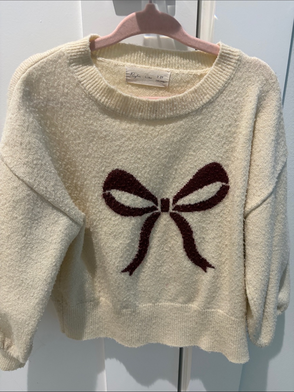 Rylee + Cru Cream Sweater with Burgundy Bow Motif